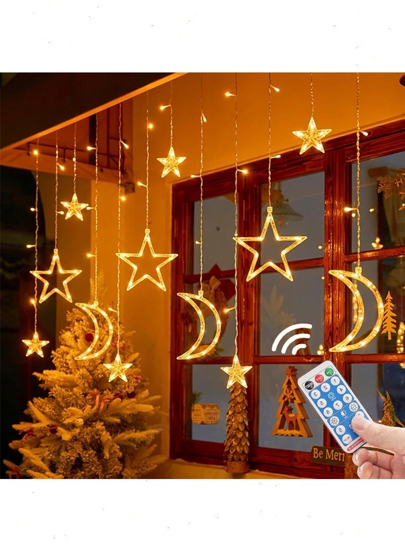 أضواء زينة رمضان، سلسلة أضواء LED على شكل نجوم وقمر بطول 2 متر مع 12 مصباحًا، صندوق بطارية وكابل USB وجهاز تحكم عن بعد، مثالية للشرفة وغرفة النوم وغرفة الطعام وغرفة المعيشة وأضواء رمضان الخارجية - Image 1